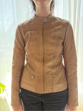 Danier Camel Leather Moto Jacket with Quilted Panels